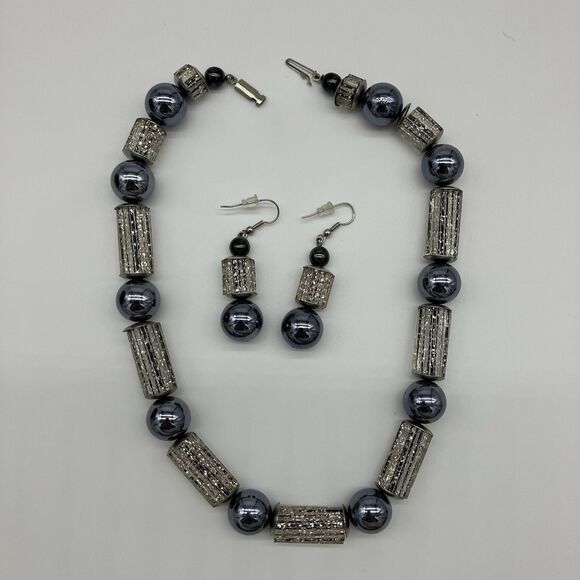 Sparkle Glass Choker Necklace Earrings SET Silver Beads Retro Glam - Picture 2 of 7